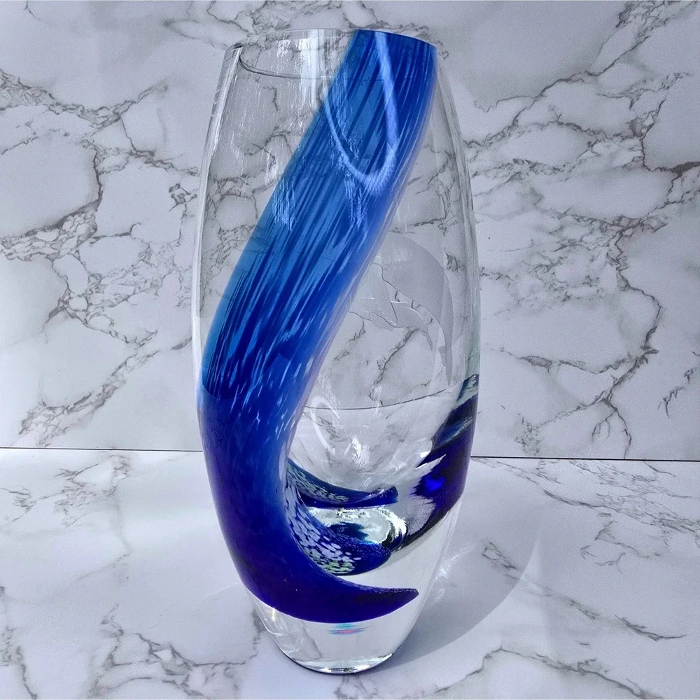 Vtg Caithness Scotland Art Glass Vase Etched Whale & Calf Ocean Nautical 8 Inch